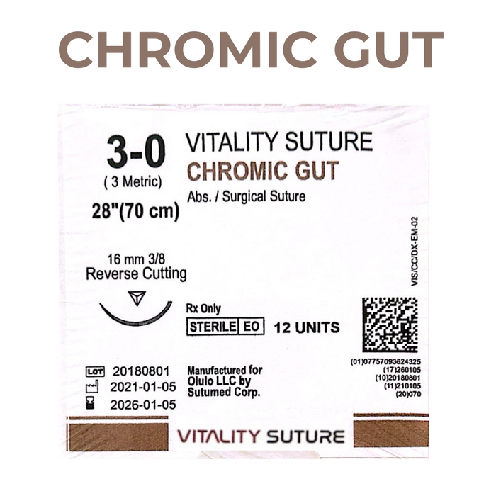 Chromic Gut Suture 3-0, 28" Thread with 16mm, 3/8 Reverse Cutting Needle. Brown. - Vitality™(Box of 12)