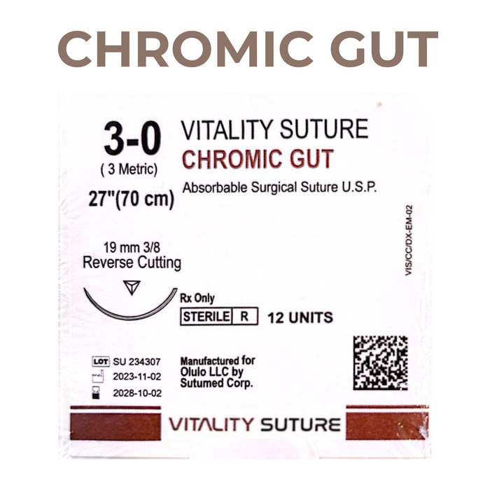 Chromic Gut Suture 3-0, 27" Thread with 19mm, 3/8 Reverse Cutting Needle. Brown. - Vitality™(Box of 12)