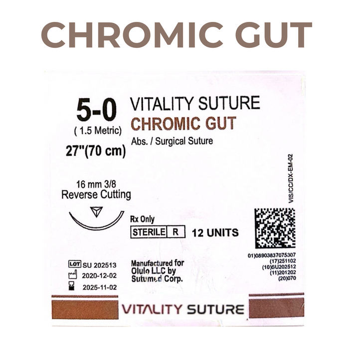 Chromic Gut Suture 5-0, 27" Thread with 19mm, 3/8 Reverse Cutting Needle. Brown. - Vitality™(Box of 12)